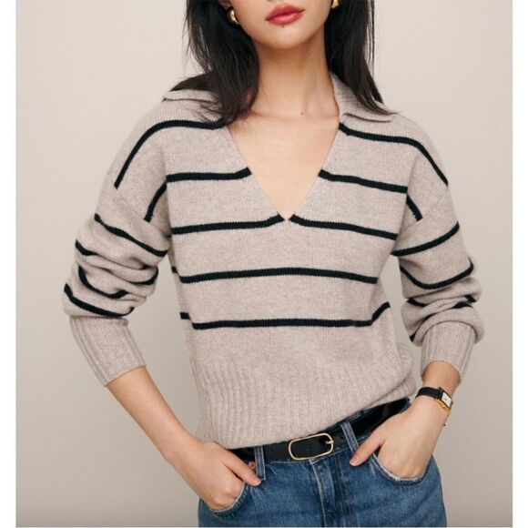 Reformation Cream and Black Striped V-Neck Sweater - Picture 4 of 7